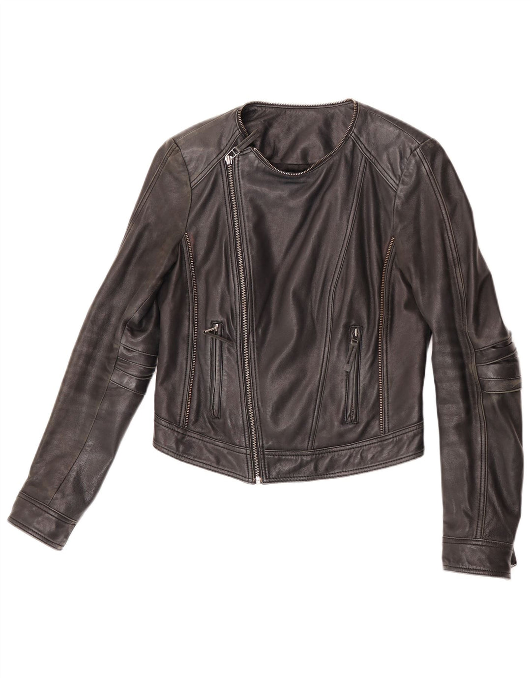 Max Damen Crop Biker Lederjacke UK 12 Mittelschwarzes Leder