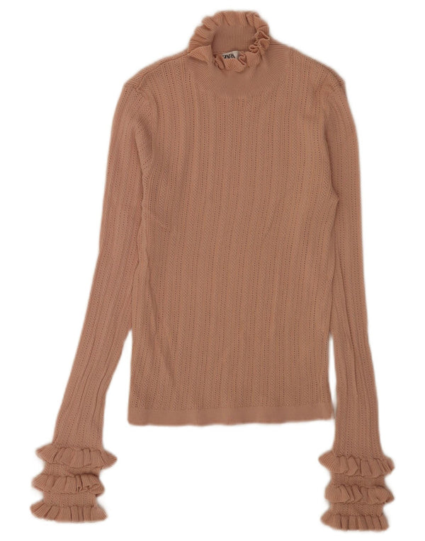 Zara Damen Crop Top Langarm UK 10 Small Beige Viskose