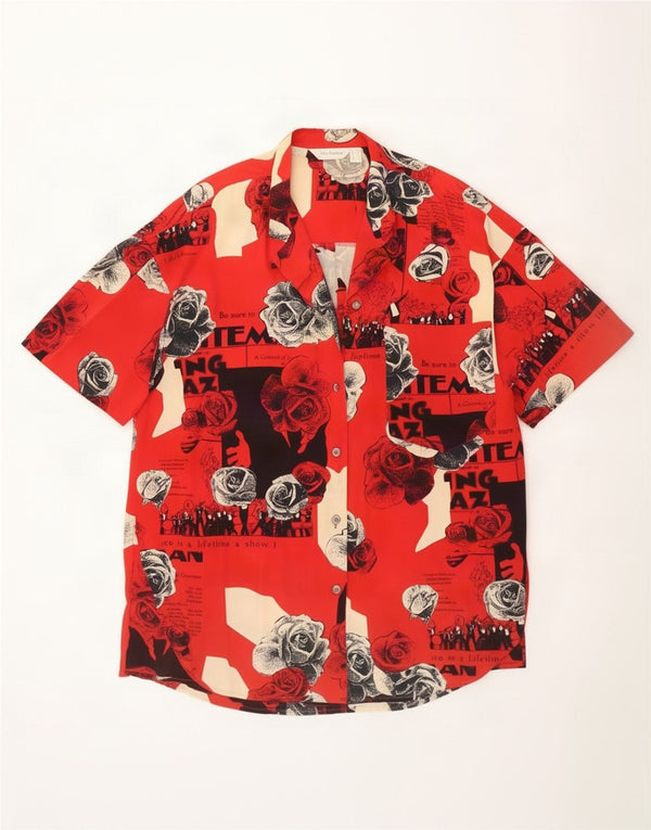 Vintage Womens Short Sleeve Oversized Shirt UK 14 Large Red Floral Silk