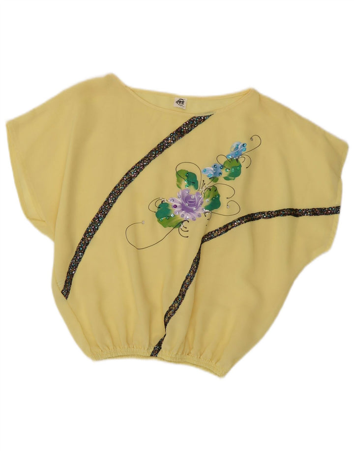 Vintage Damen Crop Bluse Top UK 14 Mittelgelb geblümtes Polyester