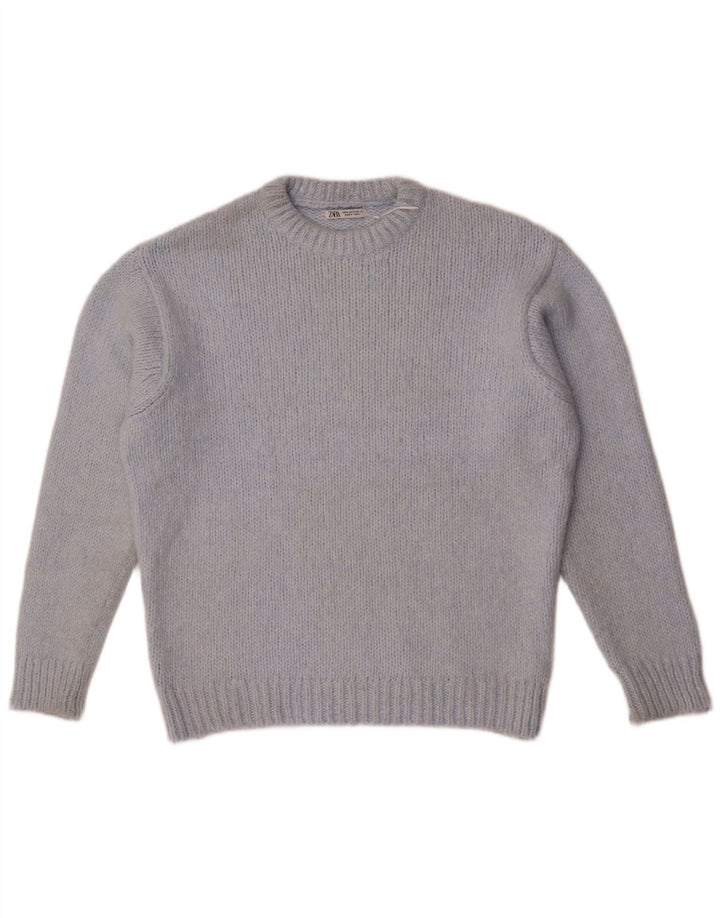 Zara Damen Übergroßer Pullover mit Rundhalsausschnitt, UK 14, mittelblaues Acryl