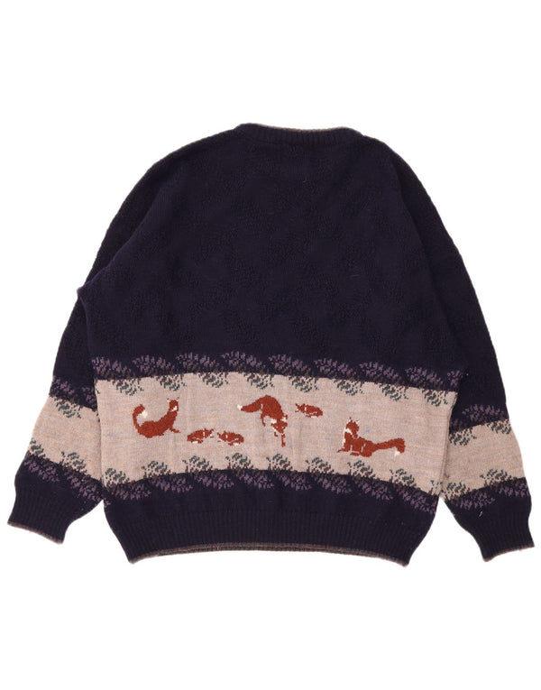Vintage Herren-Pullover mit Rundhalsausschnitt, Grafik, XL, Lila, Colourblock-Wolle