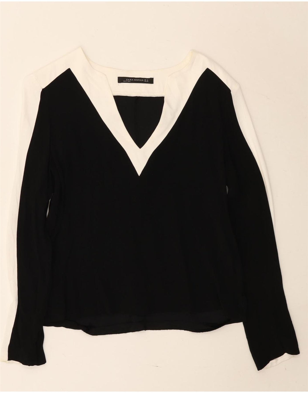 Zara Damen Top Langarm UK 14 Medium Schwarz Colourblock Viskose