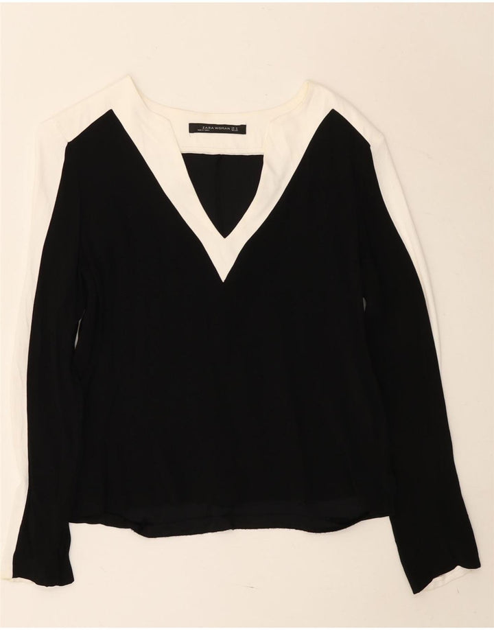 Zara Damen Top Langarm UK 14 Medium Schwarz Colourblock Viskose