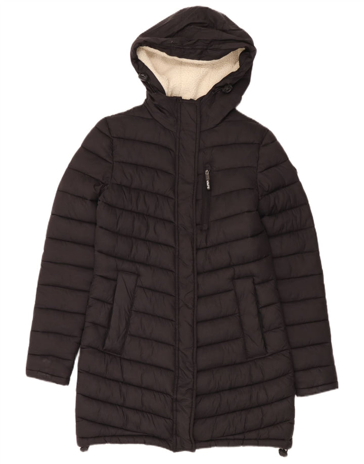 Superdry Wattierter Mantel mit Kapuze für Damen, UK 10, Small, schwarzes Nylon