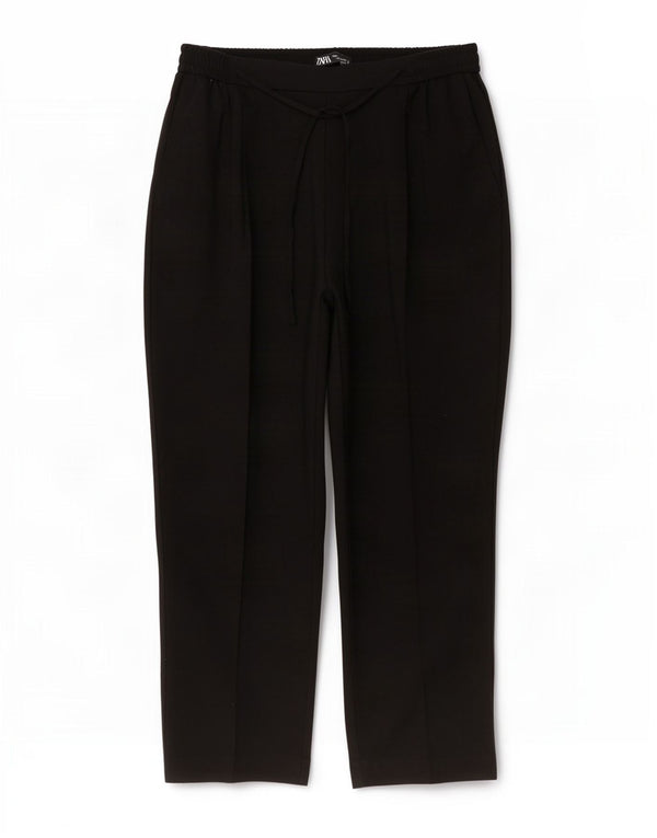 Zara Damen High Waist Tapered Chino Hose XL W32 L26 Schwarz Polyester