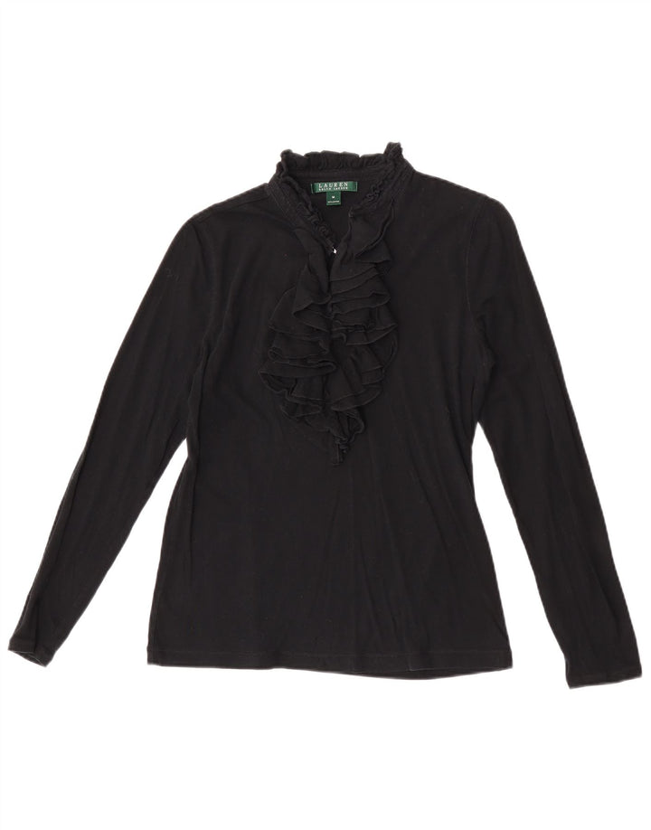 Ralph Lauren Damen-Oberteil mit Rüschen vorne, langärmlig, UK 12, Mittelschwarz