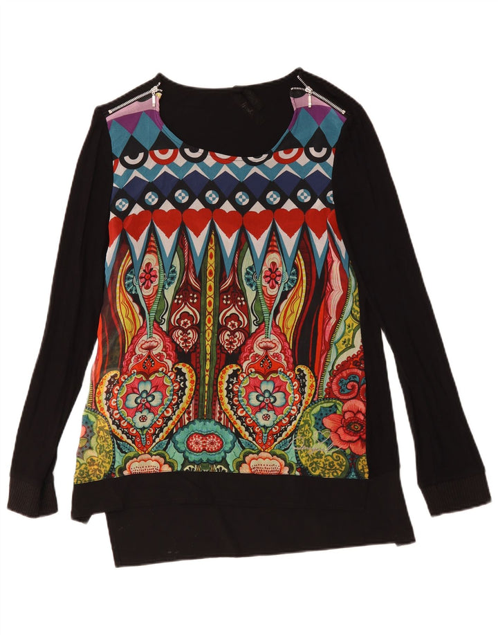 DESIGUAL Womens Graphic Top Langarm UK 12 Mittelschwarz geblümt