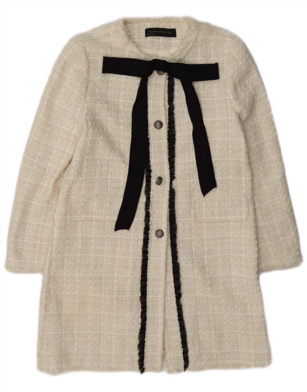 Zara Damen Longline 3-Knopf-Blazerjacke UK 12 Mittelweiß karierte Baumwolle