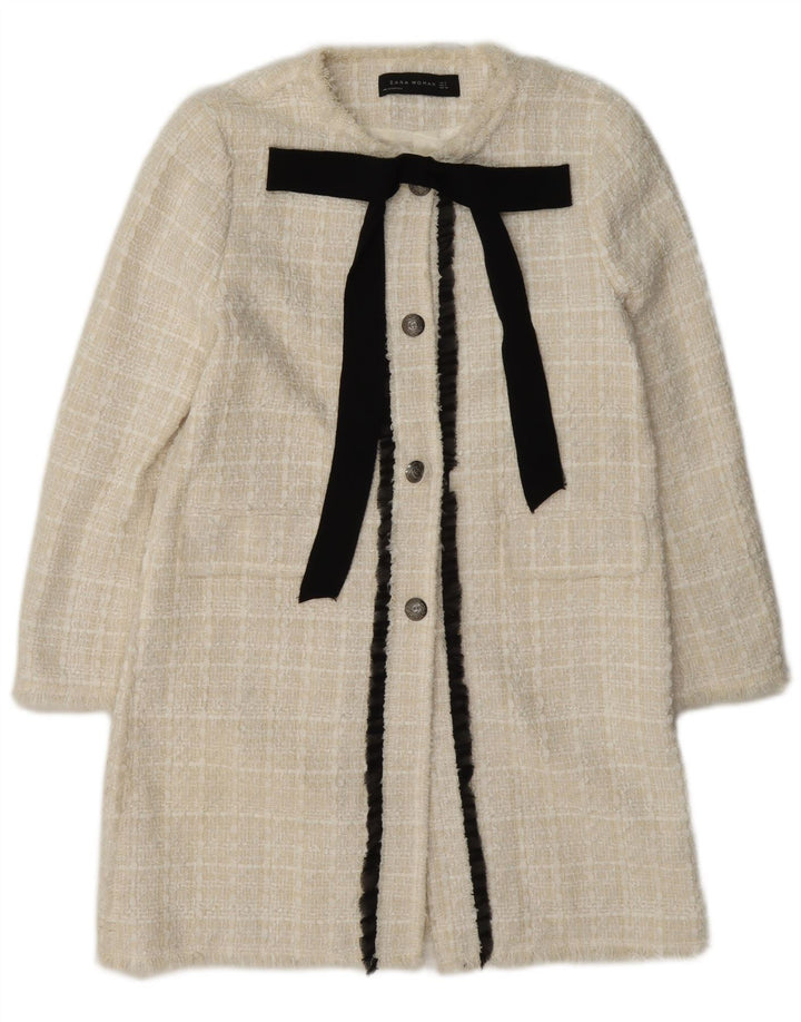 Zara Damen Longline 3-Knopf-Blazerjacke UK 12 Mittelweiß karierte Baumwolle
