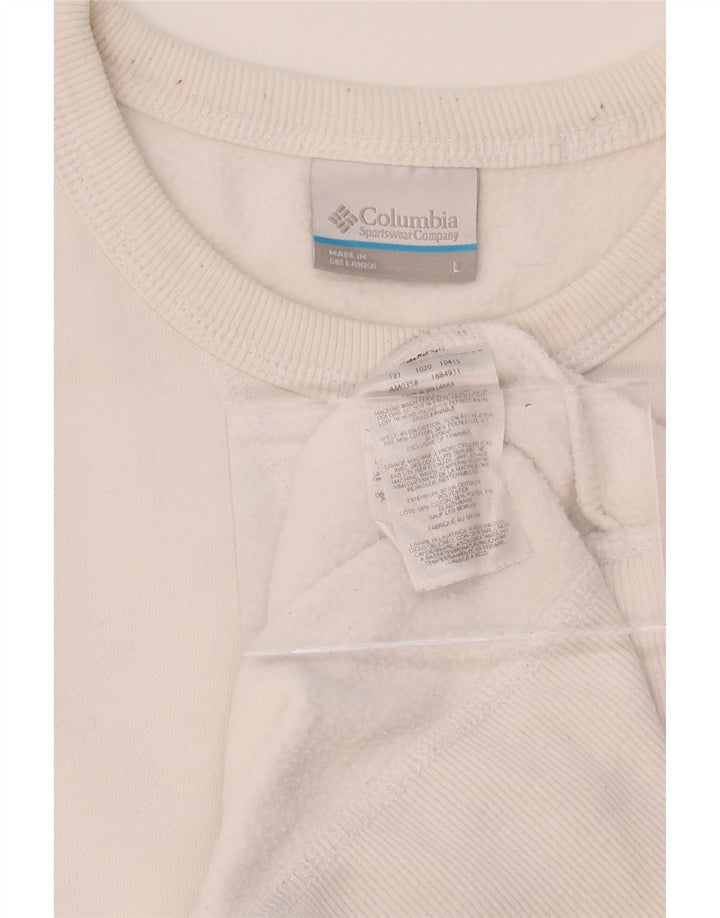 COLUMBIA Mens Graphic Sweatshirt Jumper Large White Cotton Vintage Columbia and Second-Hand Columbia from Messina Hembry 