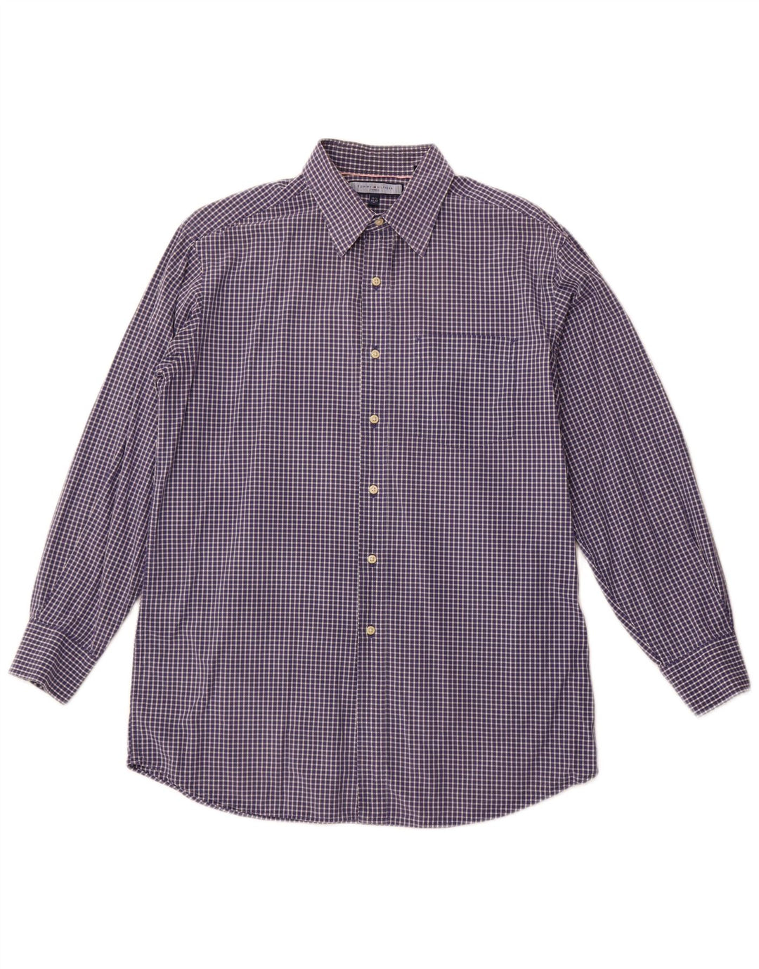 TOMMY HILFIGER kariertes Herrenhemd, Größe 15 1/2, mittelmarineblaue Baumwolle