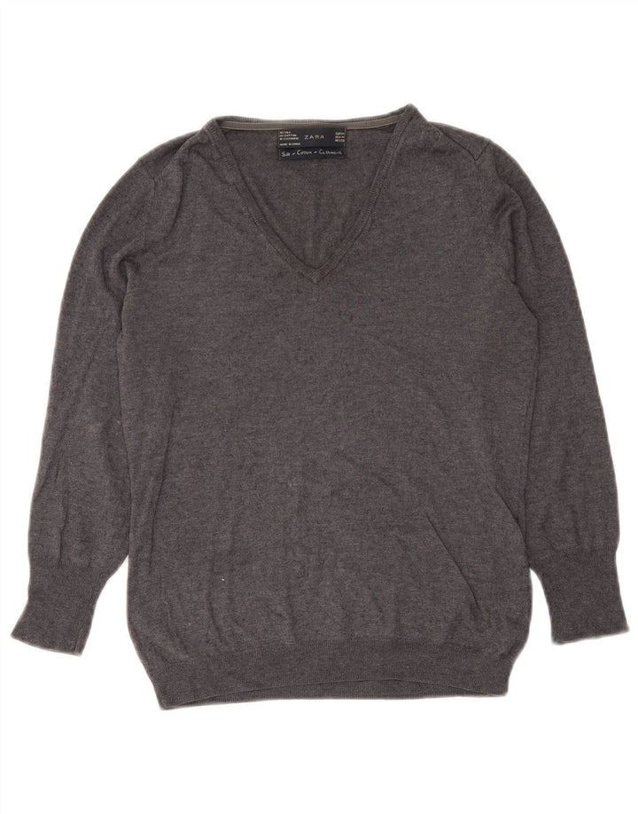 Zara Damen-Pullover mit V-Ausschnitt, UK 12, mittelgraue Seide