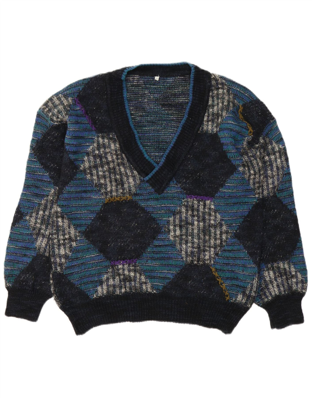 Vintage Herren Pullover mit V-Ausschnitt IT 48 Mittelblaue Argyle/Diamond-Wolle