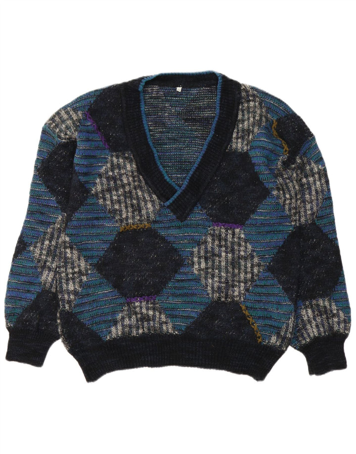 Vintage Herren Pullover mit V-Ausschnitt IT 48 Mittelblaue Argyle/Diamond-Wolle