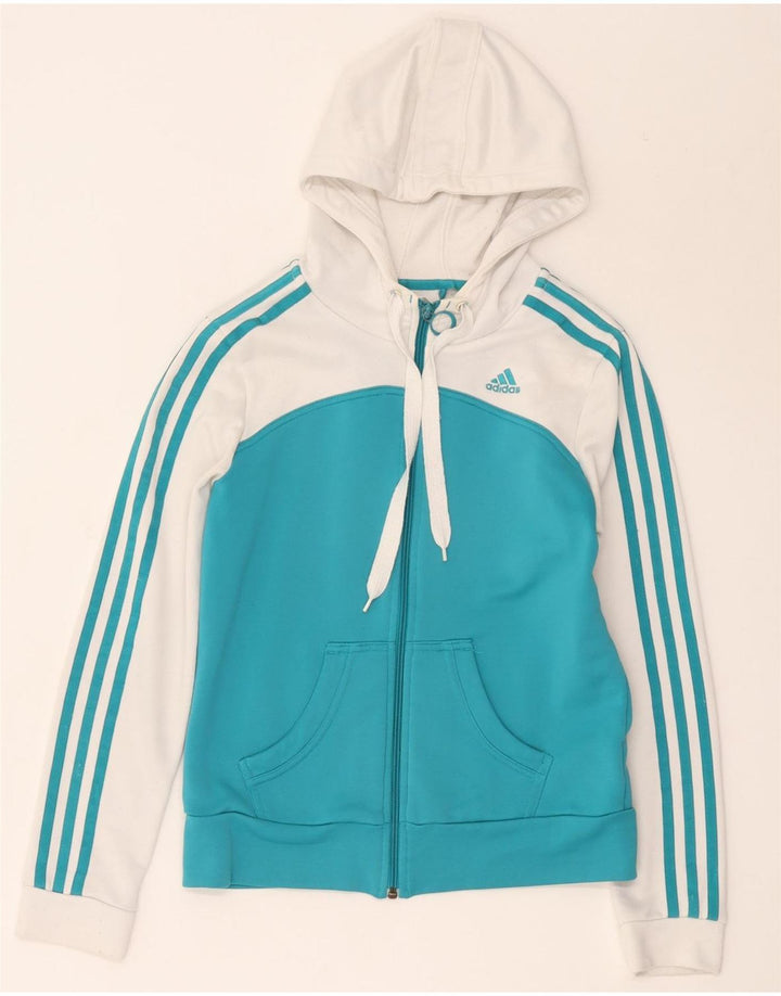 Adidas Damen Zip Hoodie Pullover UK 12 Mittelweißes Colourblock-Polyester