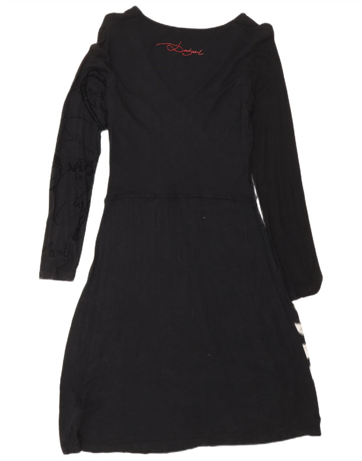 Desigual Damen Langarm-Basic-Kleid UK 14 Große schwarze Viskose mit Blumenmuster