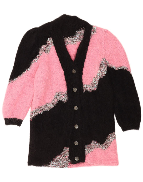 Vintage Damen Longline Cardigan Pullover UK 14 Mittelrosa Farbblock