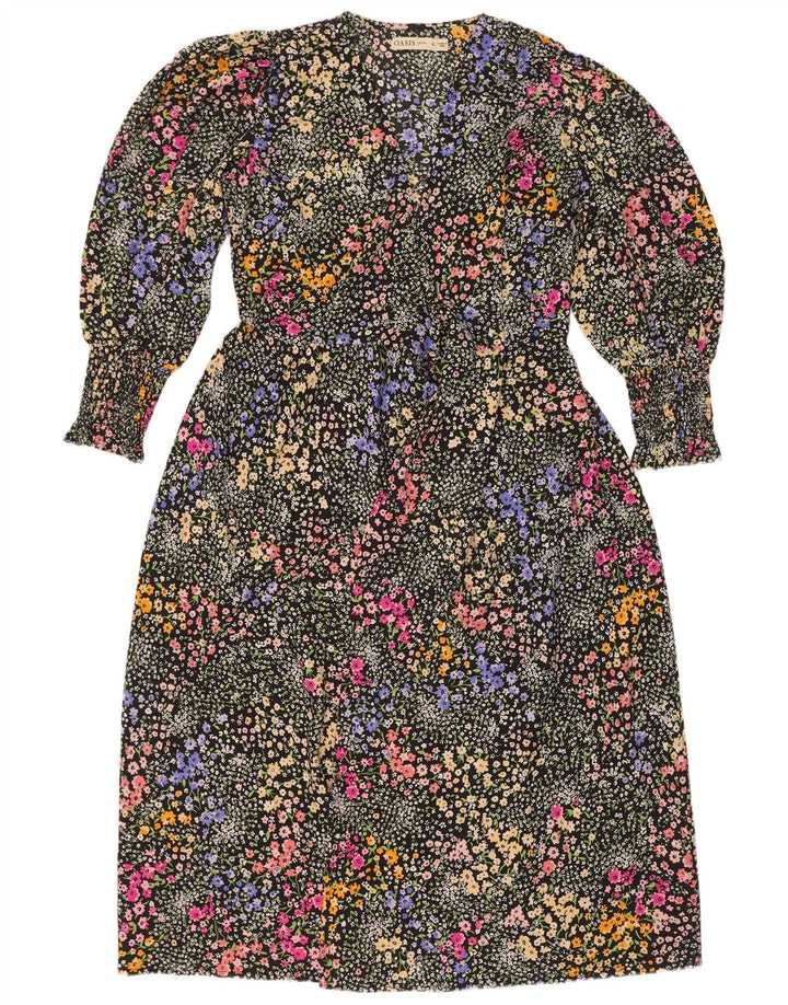 Oasis Damen Petite Langarm-Basic-Kleid UK 12 Mittelschwarz geblümt