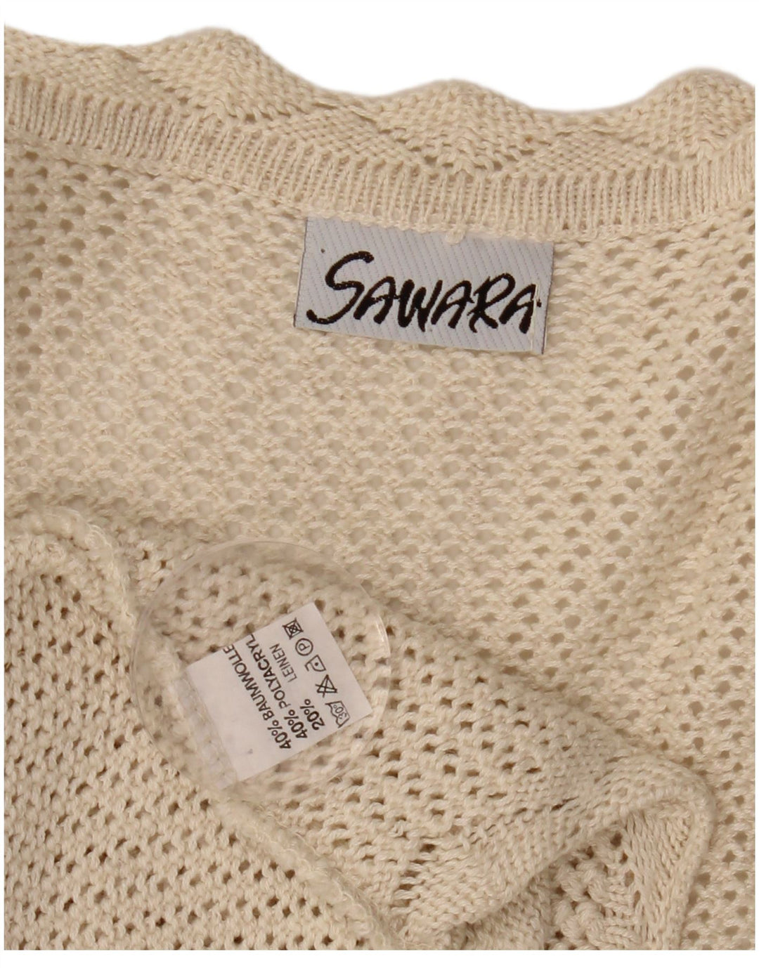 VINTAGE Damen Crop Ärmelloser Häkel-Cardigan-Pullover UK 14 Large Beige