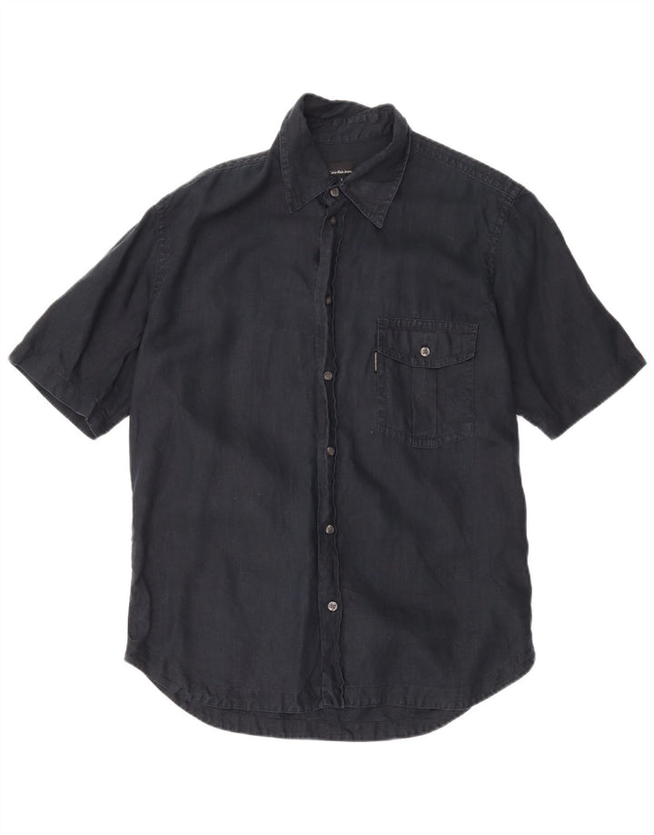 Calvin Klein Jeans Herren-Kurzarmhemd, groß, marineblaues Leinen