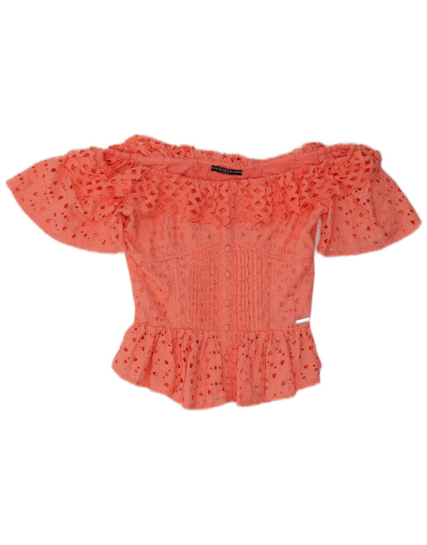Guess Damen Crop Off Shoulder Top UK 4 XS Rosa Baumwolle
