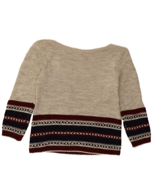 Vintage Damen Pullover mit U-Boot-Ausschnitt, Gr. 10, Klein, Beige, Fair Isle
