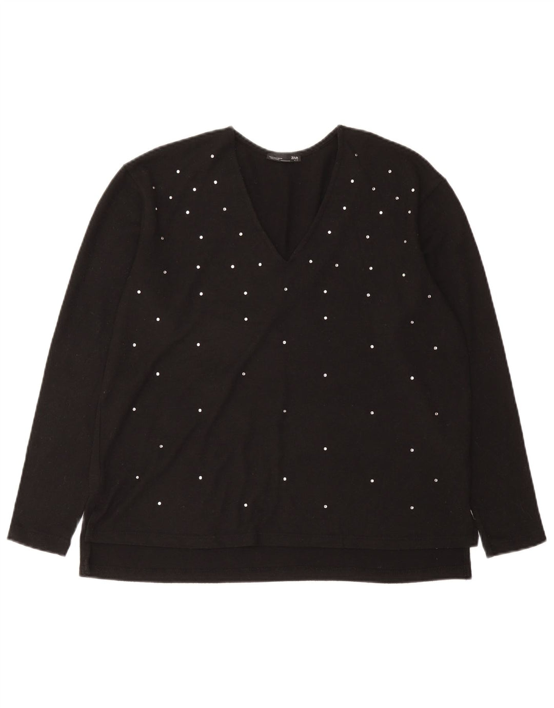 Zara Damen Top Langarm UK 14 Mittelschwarz gepunktetes Polyester