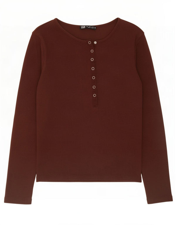 Zara Damen Top Langarm UK 14 Große braune Baumwolle