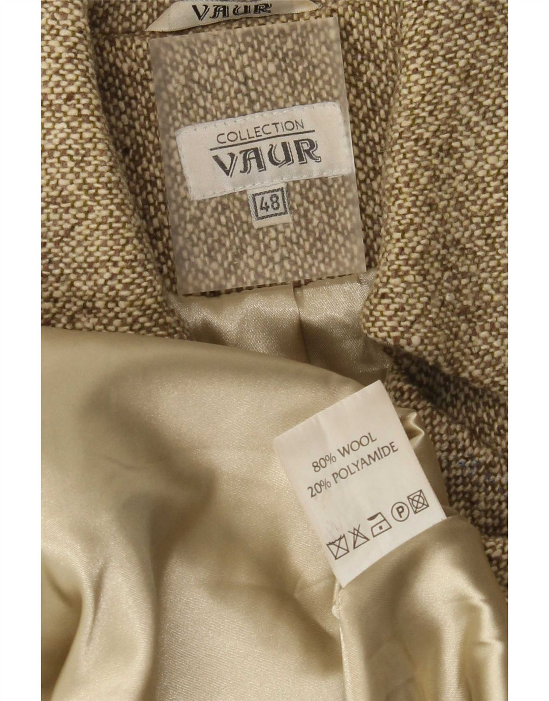 Vintage Damen Zweireihiger Mantel IT 48 XL Khaki meliert Wolle
