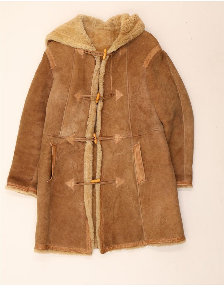 Vintage Damen Duffle Shearling Jacke mit Kapuze IT 42 Mittelbraun