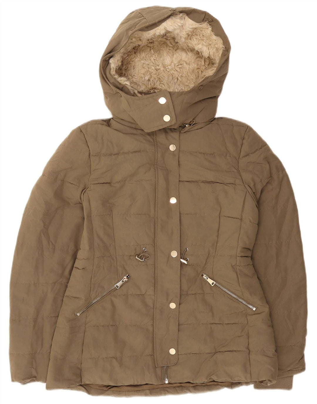 Zara Damen Sherpa-Daunenjacke mit Kapuze, UK 10, Größe S, Khaki, Polyester