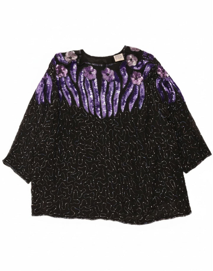 Vintage Damen Abend Pailletten 3/4 Ärmel Bluse Top EU 52 2XL Schwarz geblümt