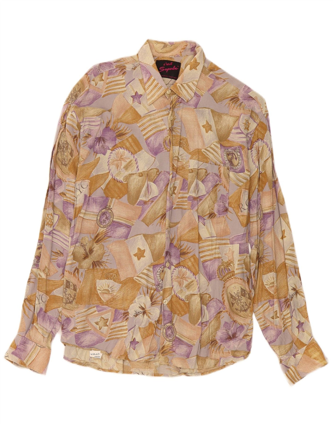 Vintage Herrenhemd Mittelbeige Viskose mit Blumenmuster