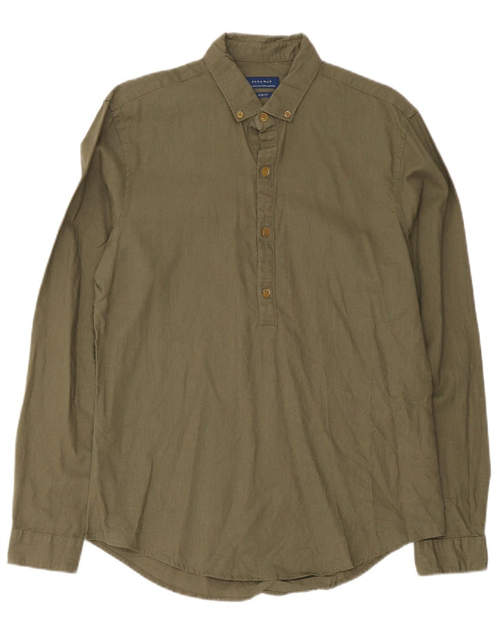 Zara Slim Fit Pullover-Hemd für Herren, Mittelkhaki, Leinen