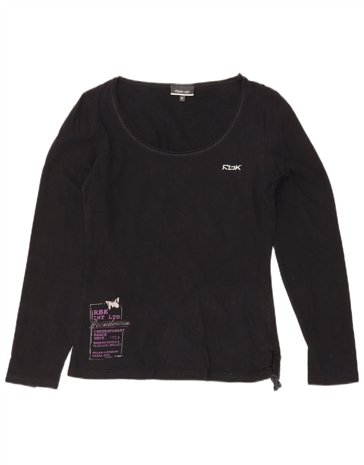 REEBOK Womens Graphic Top Langarm UK 12 Mittelschwarze Baumwolle