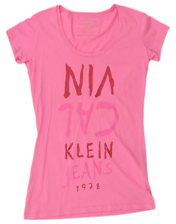 Calvin Klein Jeans Damen Grafik-T-Shirt-Oberteil UK 14 Mittelrosa Baumwolle