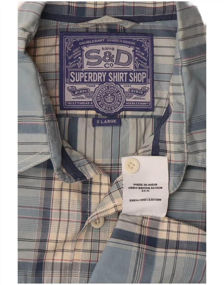 SUPERDRY Herren-Kurzarmhemd XL, blau kariert, Baumwolle