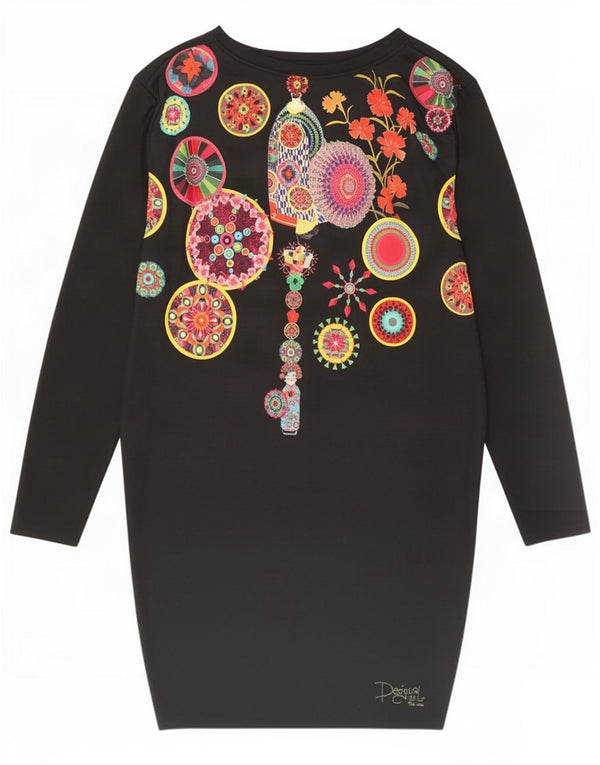 Desigual Damen Langarm-Blasenkleid UK 16 Großes schwarzes Blumenmuster aus Polyester