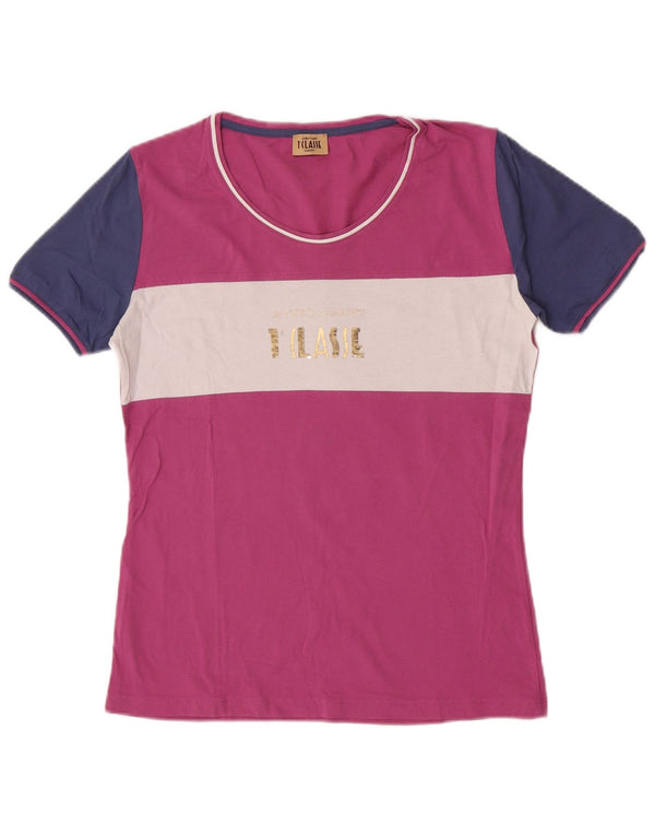 ALVIERO MARTINI Damen Grafik-T-Shirt-Oberteil UK 18 XL Rosa Colourblock-Baumwolle