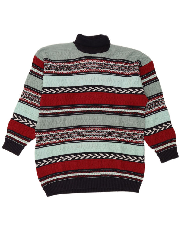 Vintage Mens Roll Neck Jumper Sweater Large Multicoloured Striped Wool