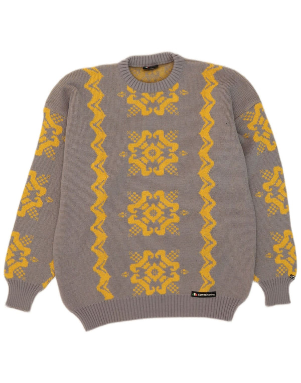 Vintage Herren Pullover mit Rundhalsausschnitt IT 54 XL Graue Fair-Isle-Wolle