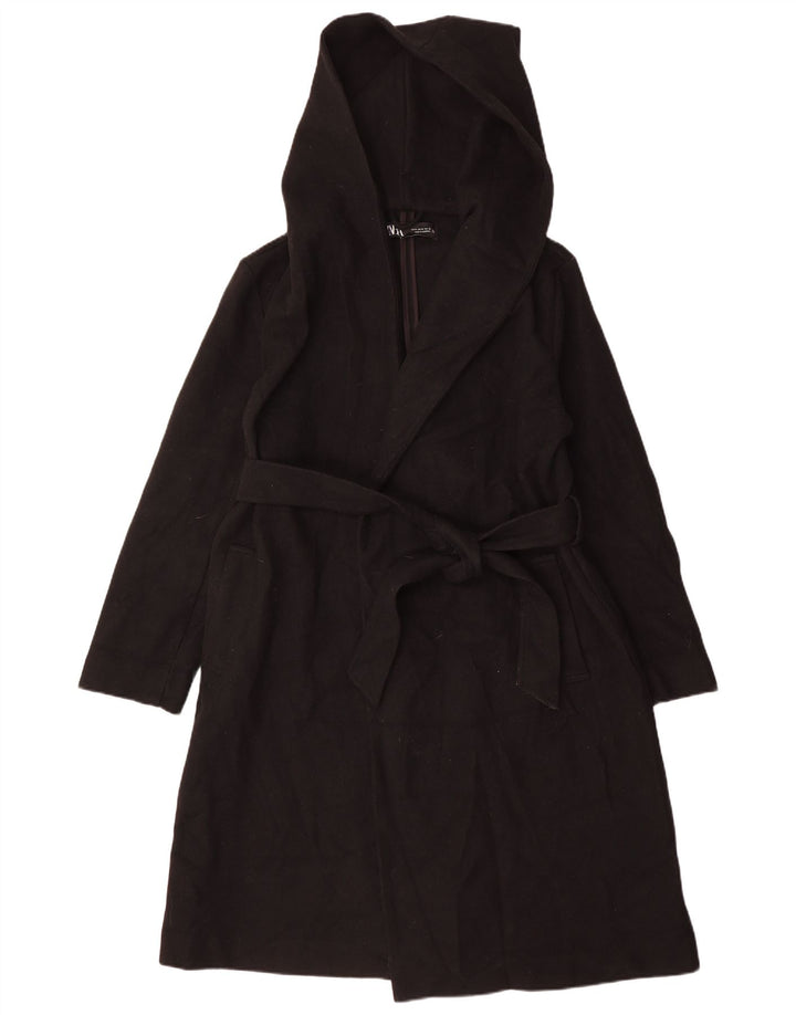 Zara Damen Kapuzenmantel UK 14 Medium Schwarz Polyester