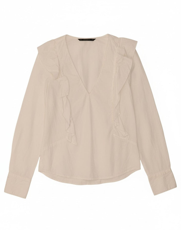 ZARA Womens Pullover Ruffle Front Shirt Blouse UK 6 XS White Cotton Vintage Zara and Second-Hand Zara from Messina Hembry 