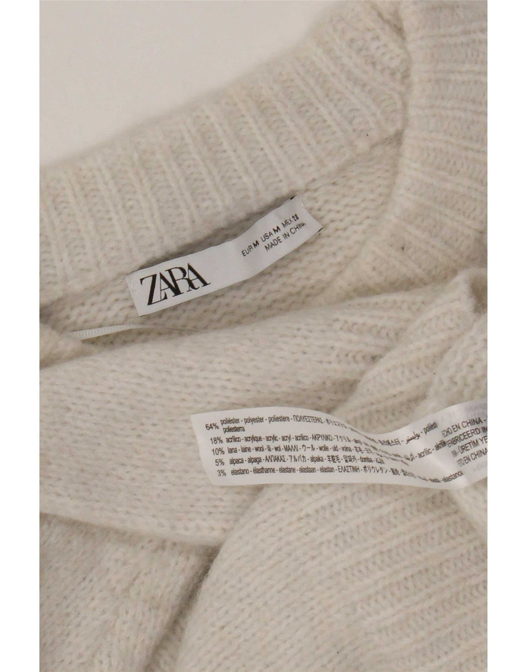Zara Damen-Pullover, übergroß, Rundhalsausschnitt, UK 14, Mittelweiß, Polyester