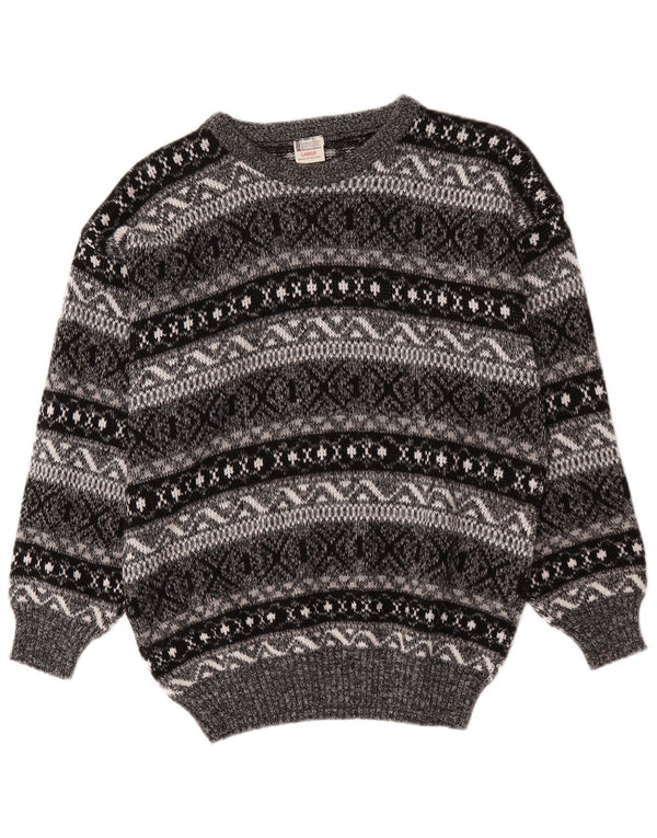 Vintage Damen Pullover mit U-Boot-Ausschnitt, UK 16, großes graues Fair-Isle-Acryl