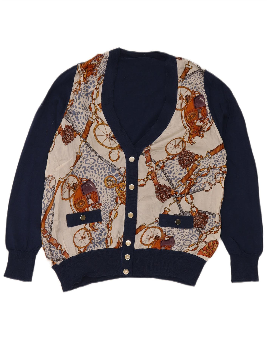 Vintage Damen Strickjacke mit abstraktem Muster UK 16 Groß Marineblau