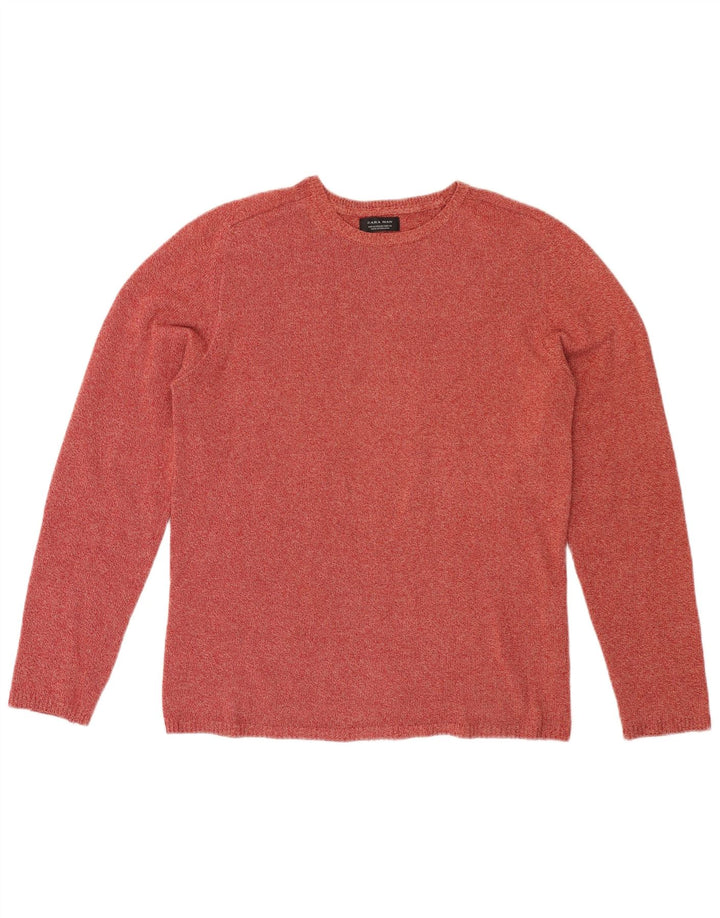 Zara Herren-Pullover mit Rundhalsausschnitt, mittelrot gefleckte Baumwolle