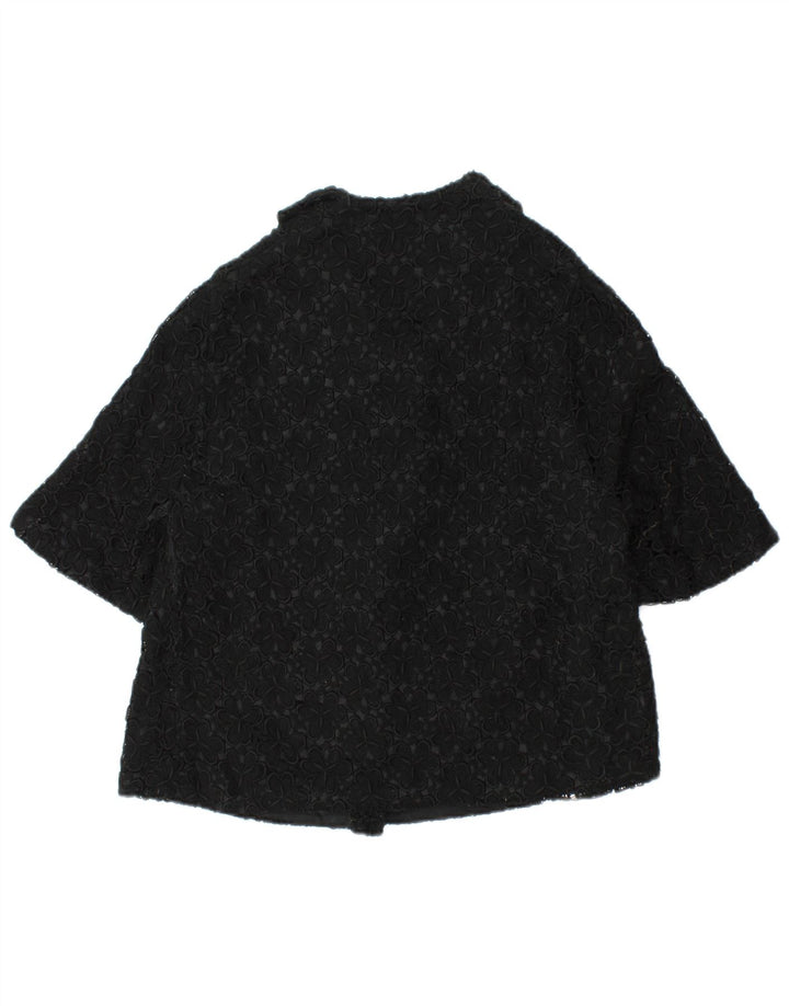 VINTAGE Damen Kurzarm-Blazerjacke UK 12 Mittelschwarz geblümt