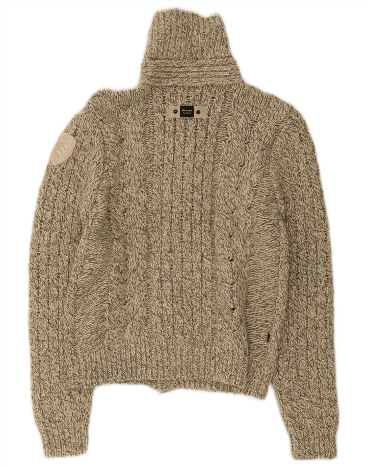 Blauer Damen-Cardigan-Pullover UK 14 Mittelbeige Wolle